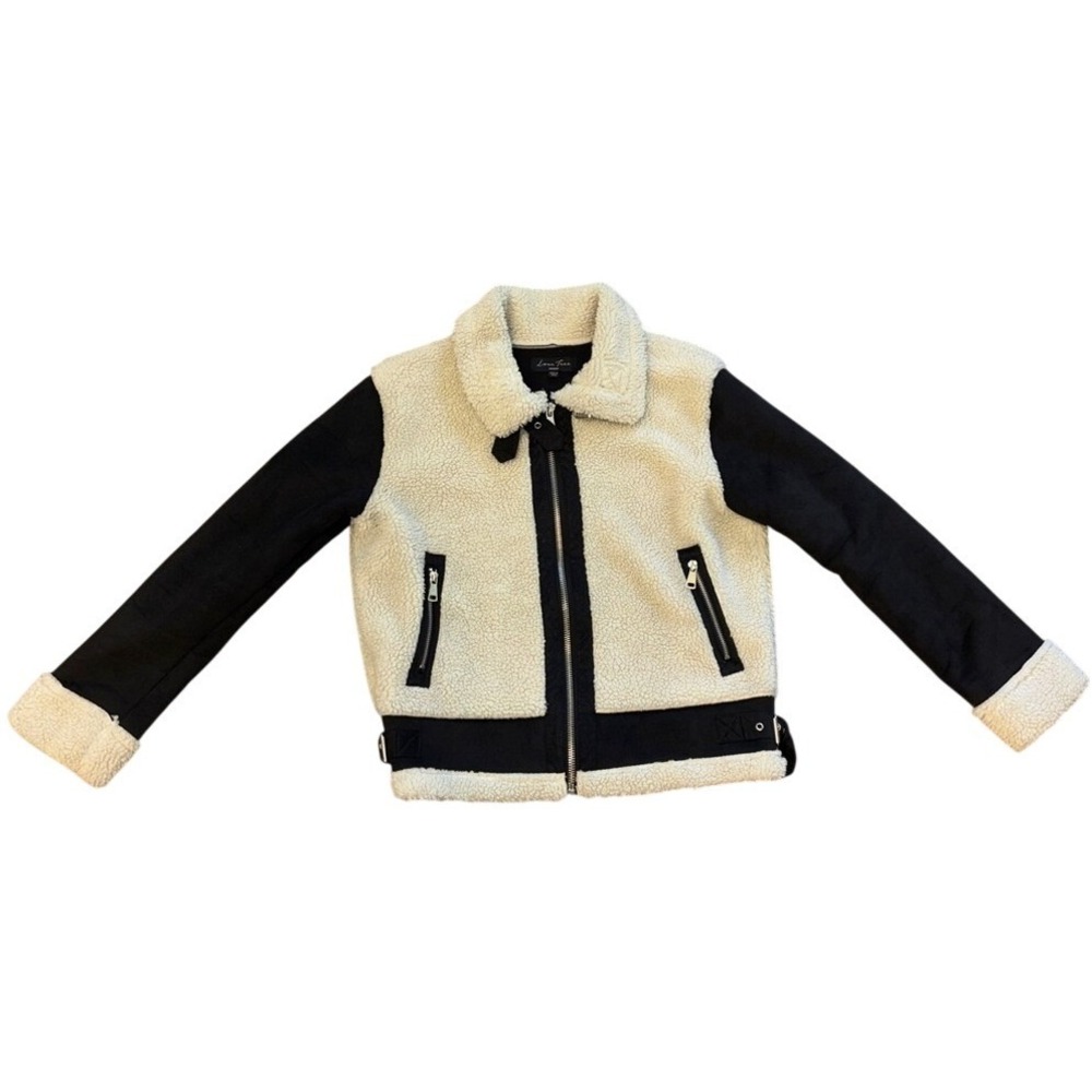 Love Tree Womens chore coat Teddy Two Tone Sherpa Pea Coat Cream Black Sz Med